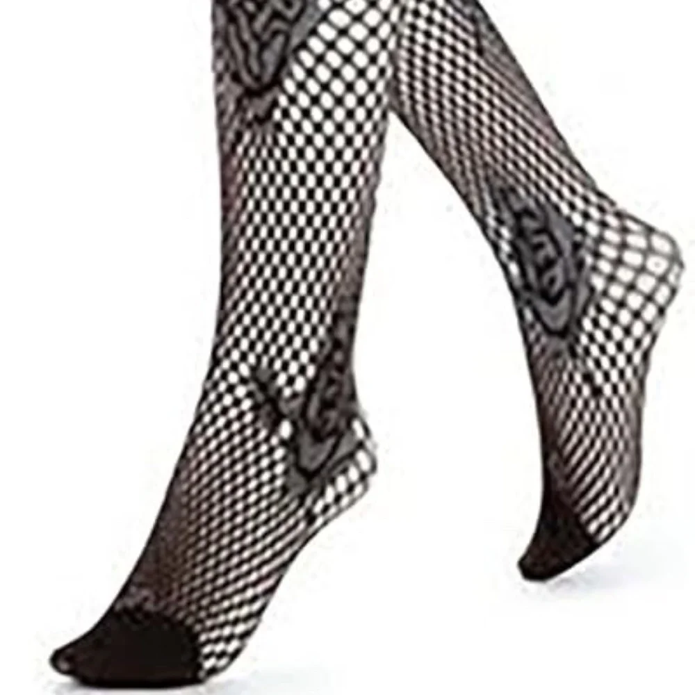 HUE Women's Tights Floral Net Fishnet S/M Steel-Grey & Brick-Red W/Black